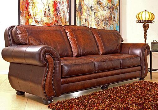 Traditional Leather Stationary Sofa with Nailhead Trim